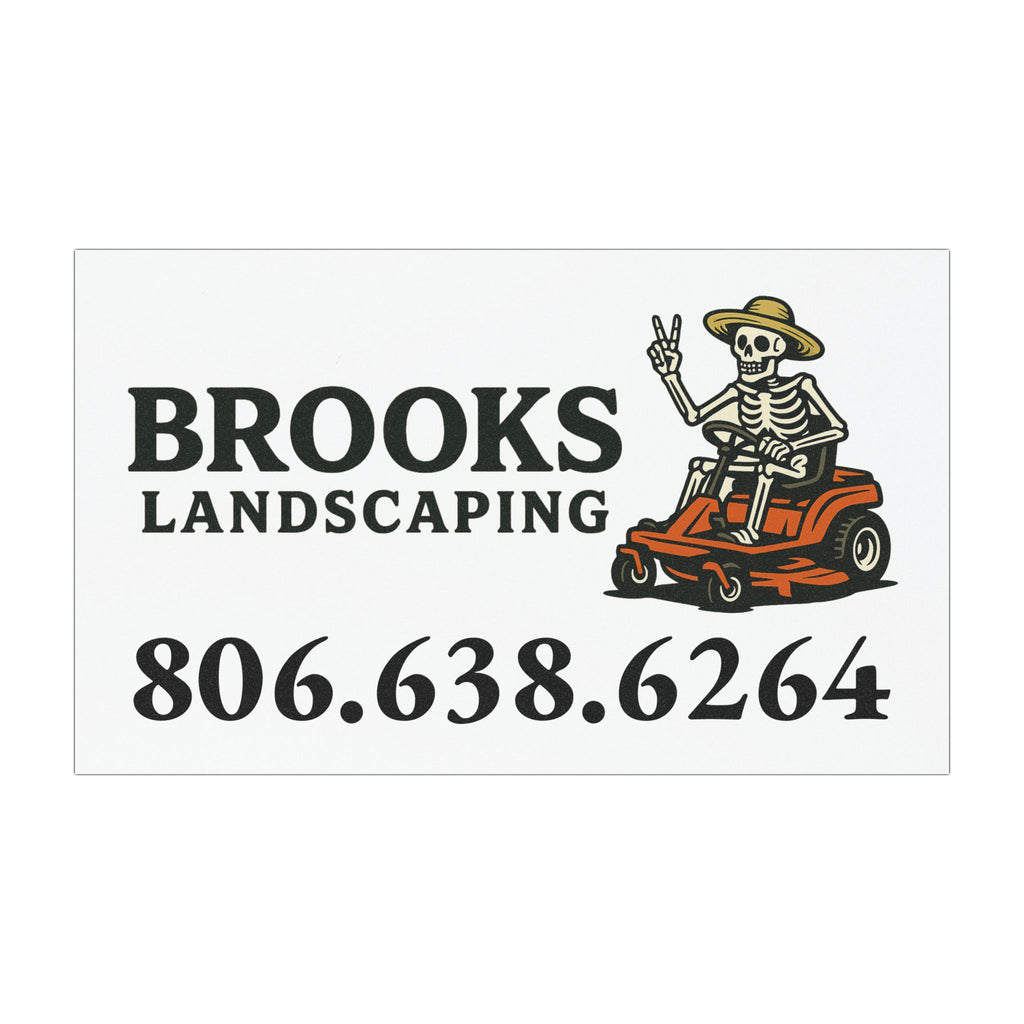 Car Magnet — Brooks Landscaping Logo with Lawn Mower Skeleton & Phone Number