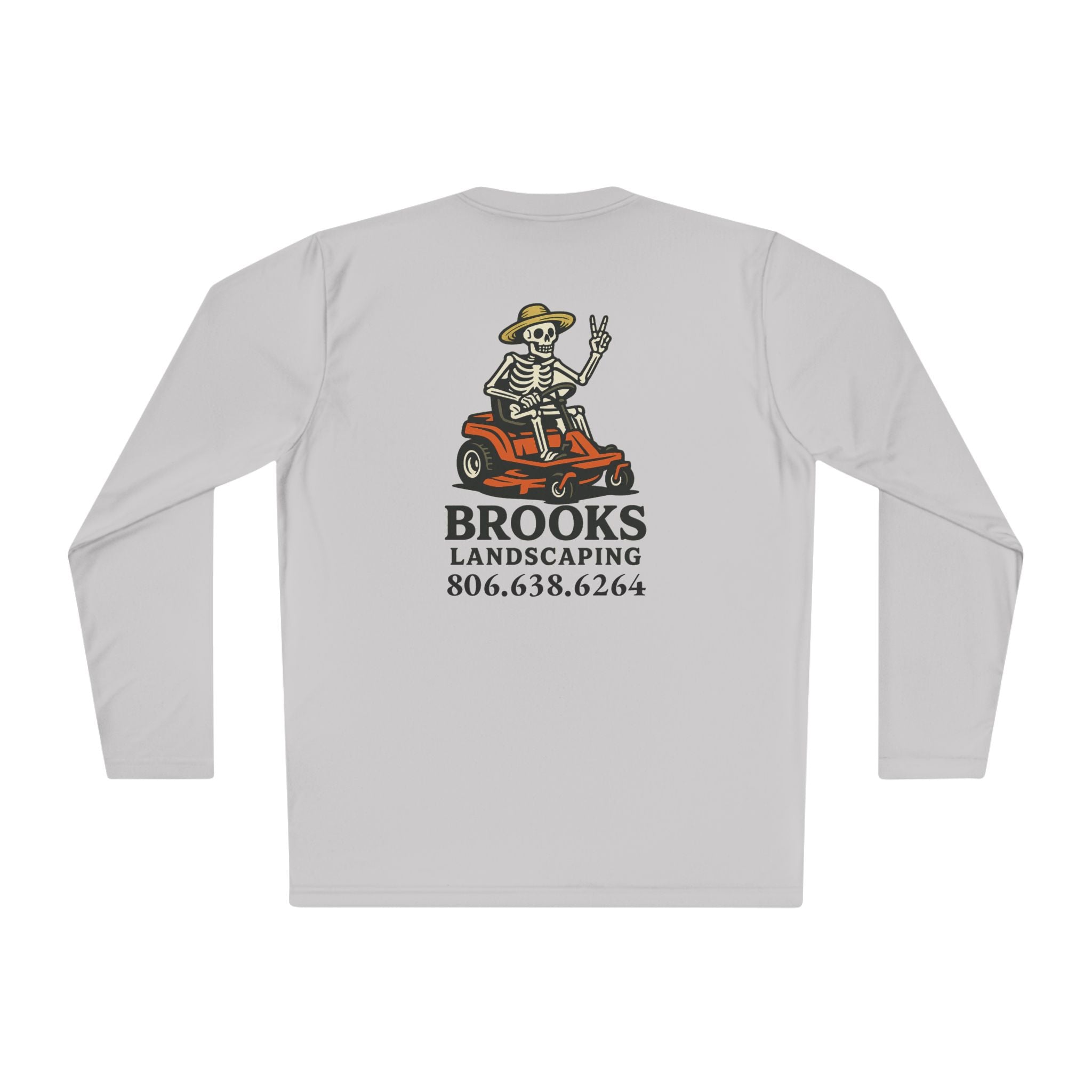 Landscaper Skull Long Sleeve Tee — 'Brooks Landscaping' Mower Logo Shirt