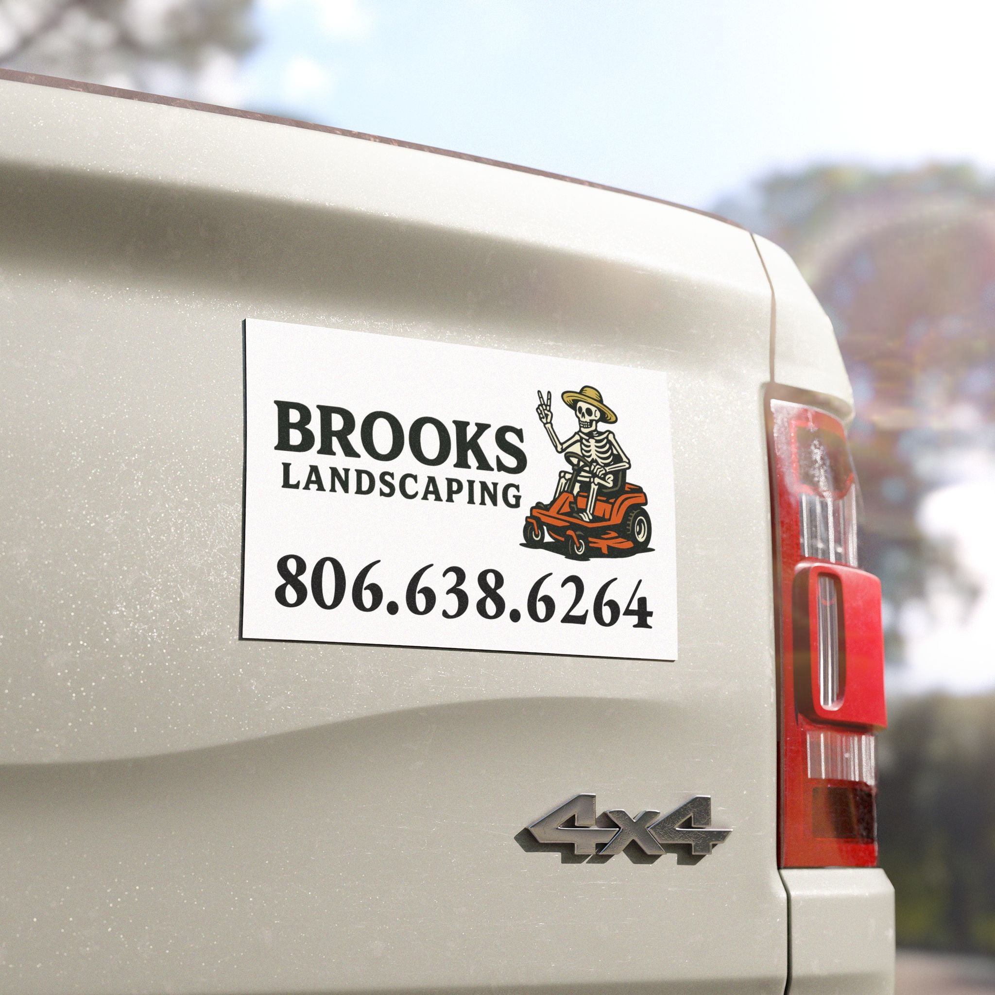 Car Magnet — Brooks Landscaping Logo with Lawn Mower Skeleton & Phone Number