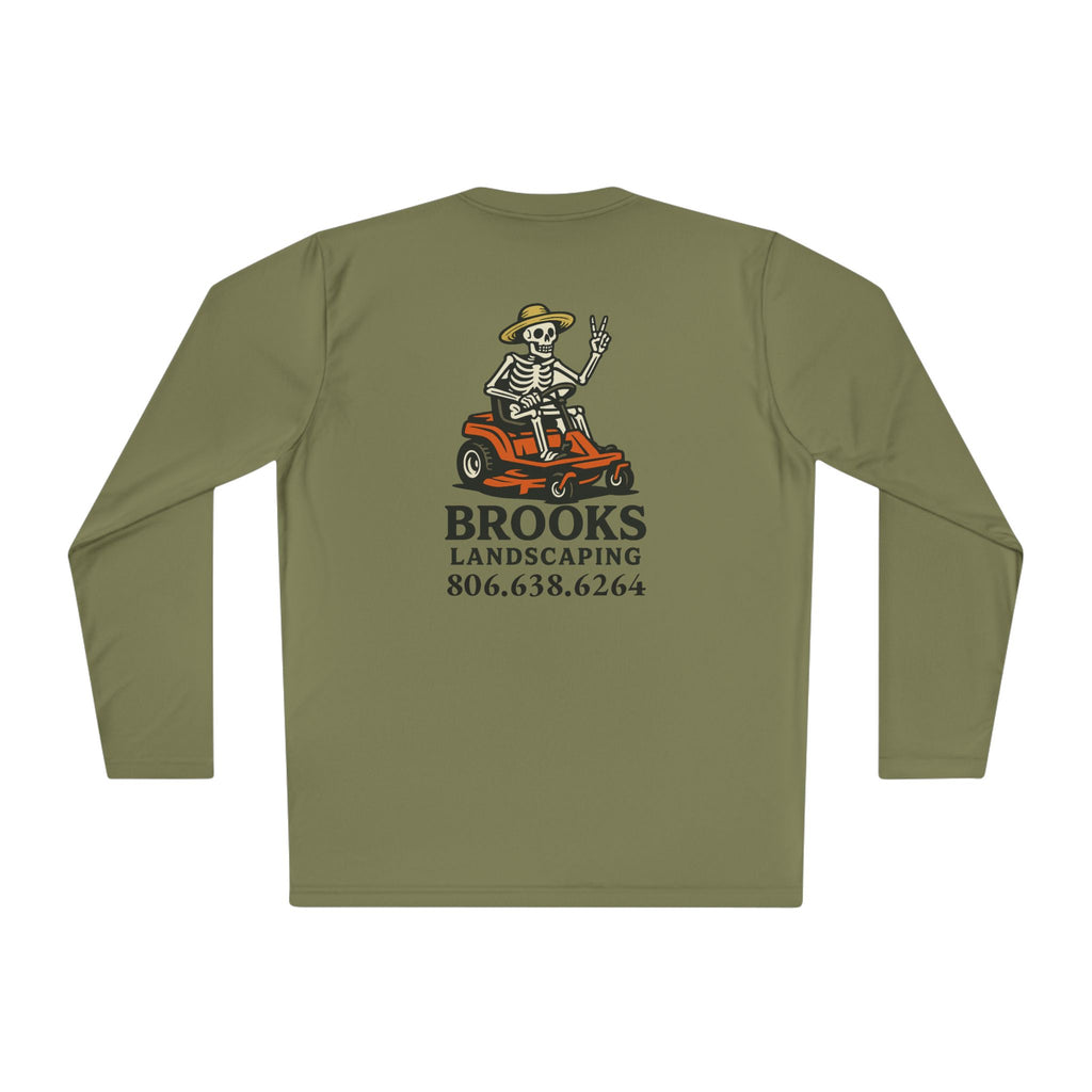 Landscaper Skull Long Sleeve Tee — 'Brooks Landscaping' Mower Logo Shirt