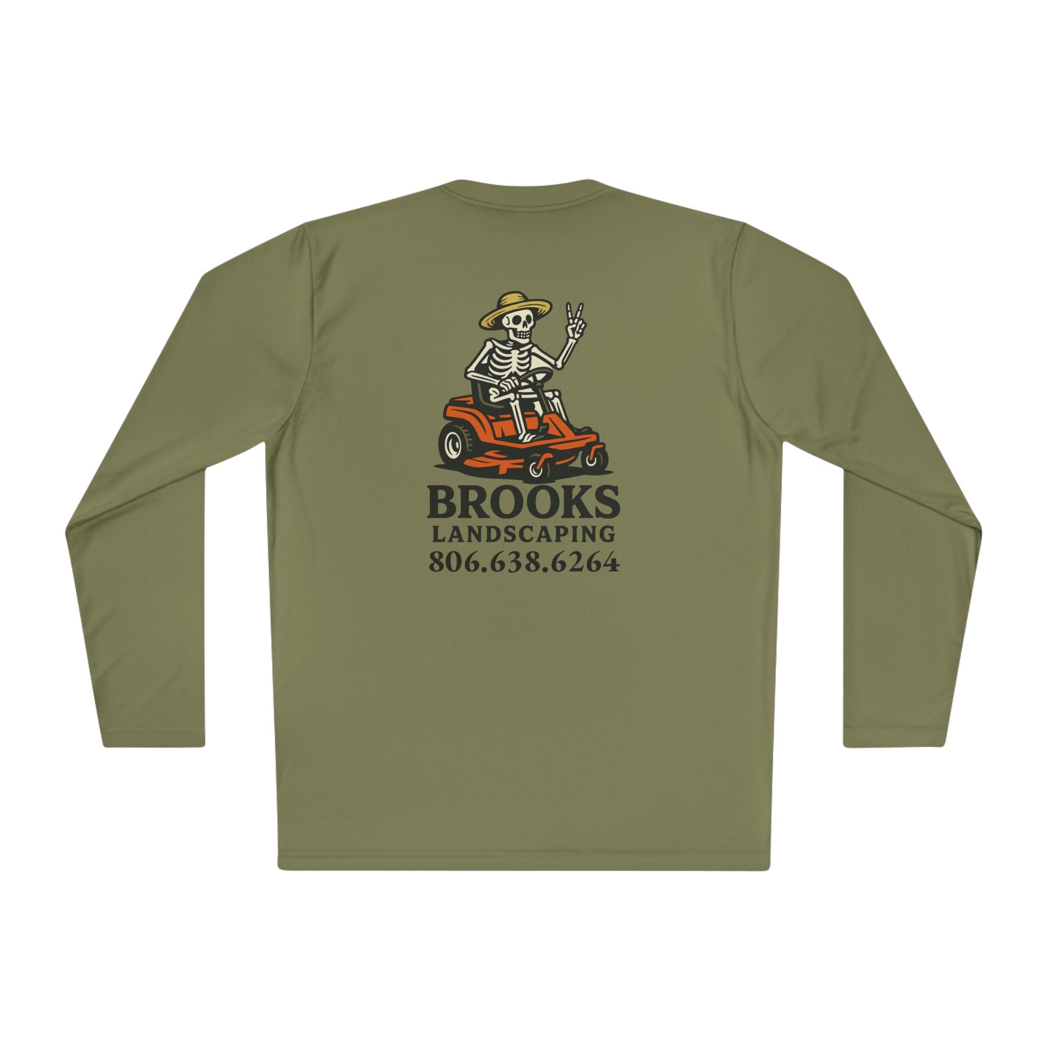 Landscaper Skull Long Sleeve Tee — 'Brooks Landscaping' Mower Logo Shirt