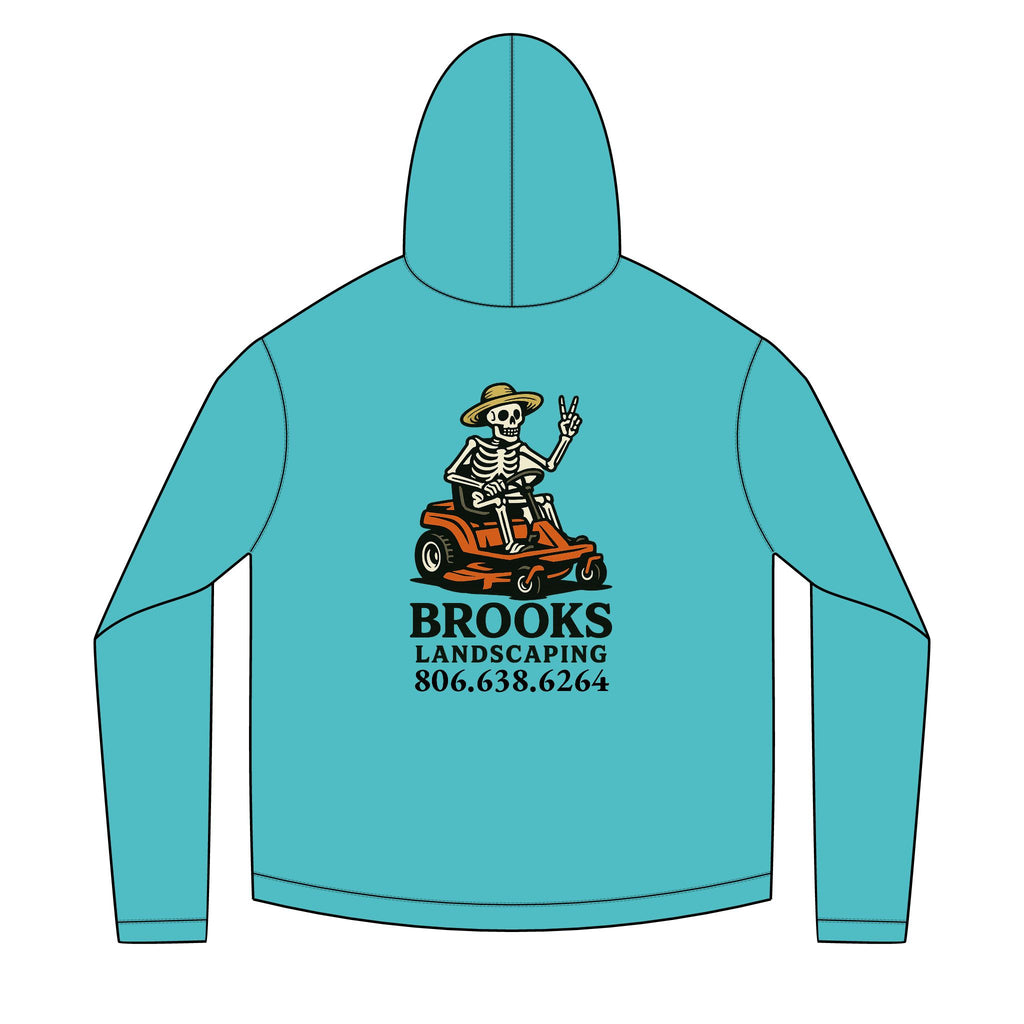 Landscaper Skull Hoodie — 'Brooks Landscaping' Skeleton Riding Mower Graphic
