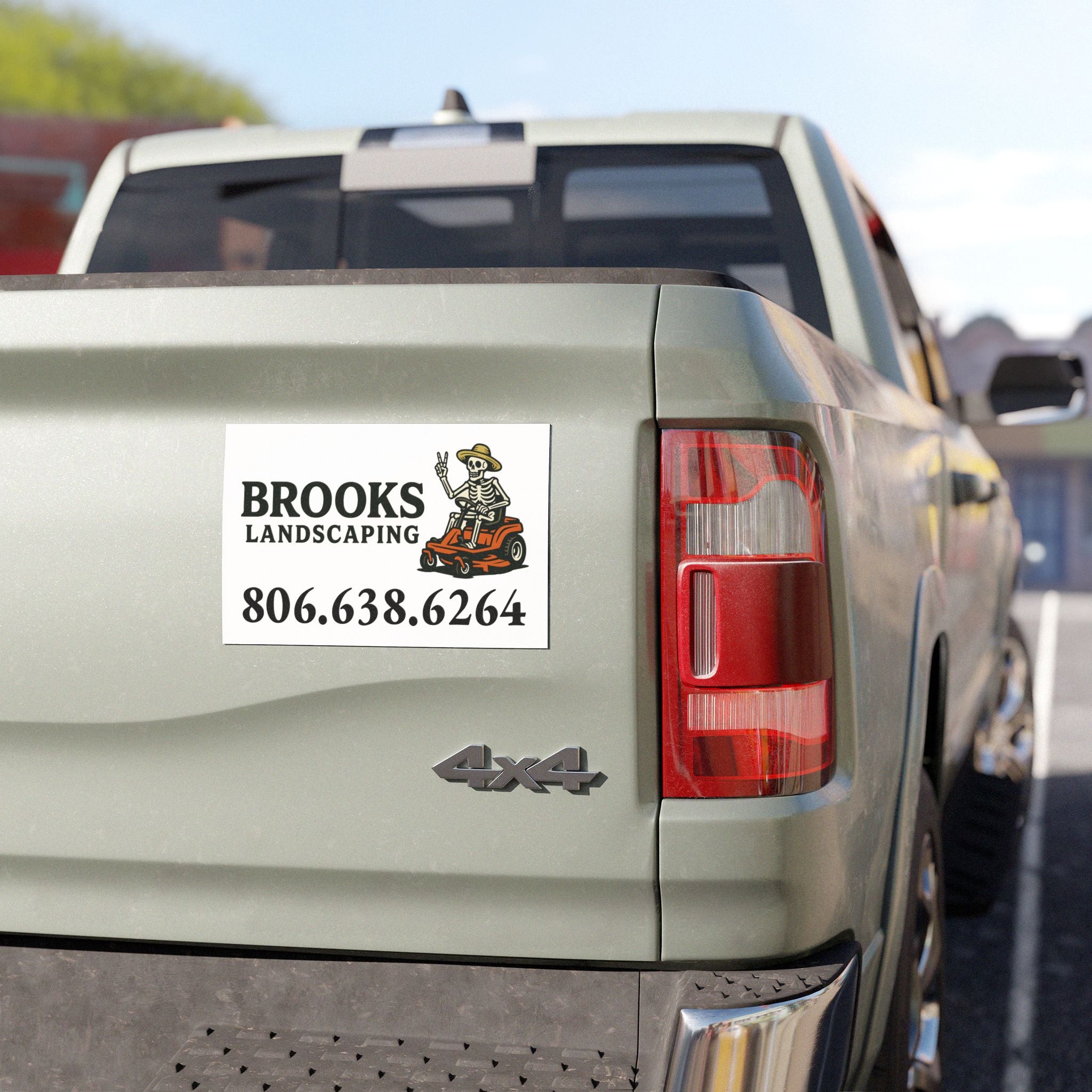 Car Magnet — Brooks Landscaping Logo with Lawn Mower Skeleton & Phone Number